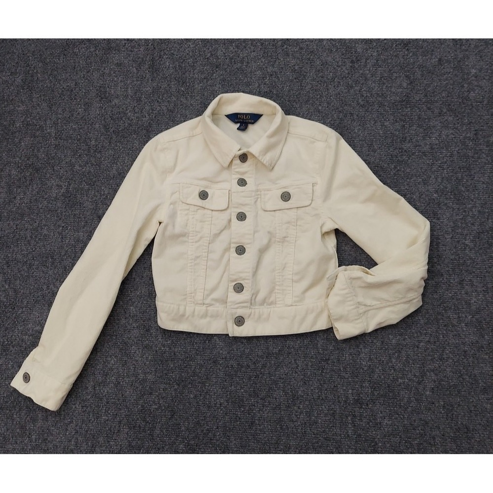 Polo Ralph Lauren Corduroy Jacket Girls 8 Cream Beige Trucker Button Up Stretch